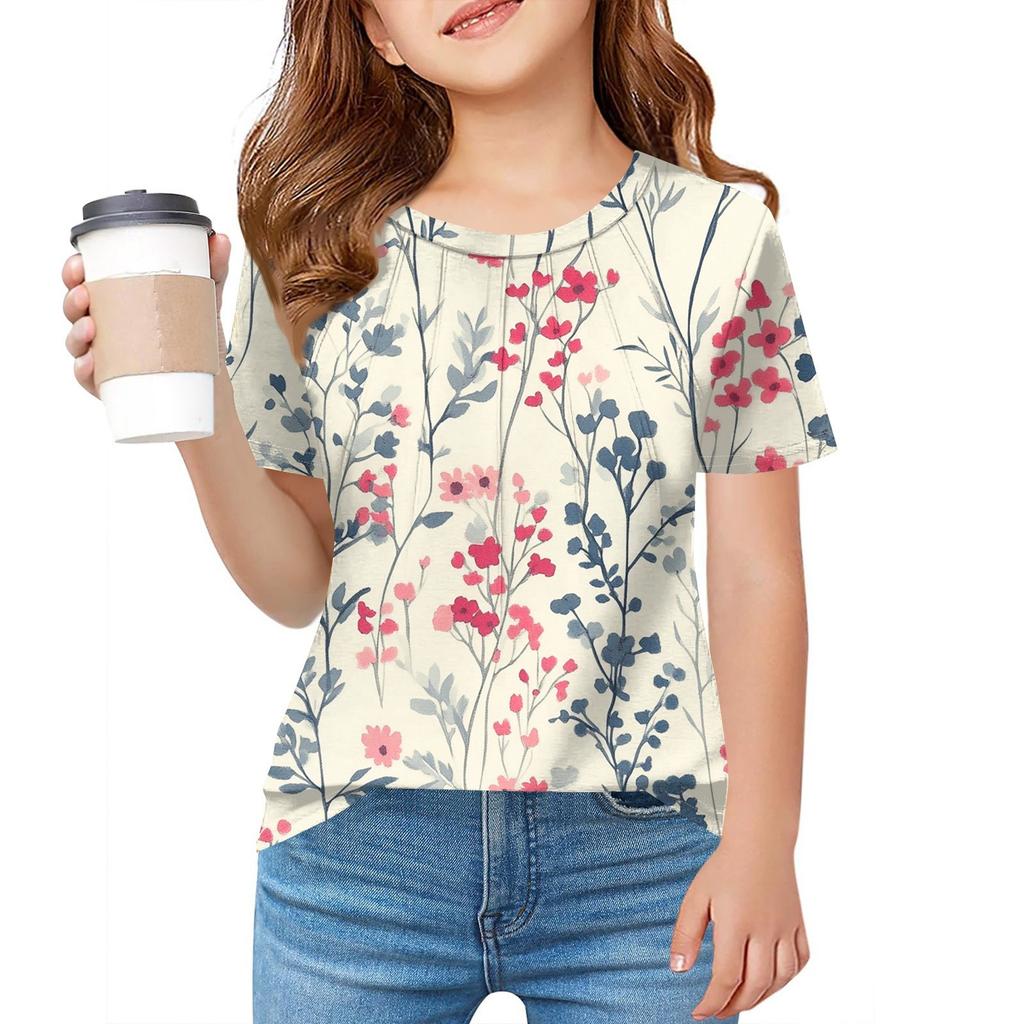 Детская футболка Fold A для девочек, летняя модная куртка с круглым воротником и цветочным принтом с короткими рукавами