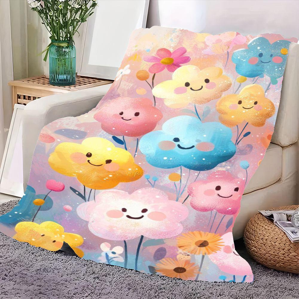 Причудливый цветочный плед - Радостные улыбающиеся цветы в пастельных тонах, Мягкий и уютный плед для домашнего декора - Идеально подходит для ребенка