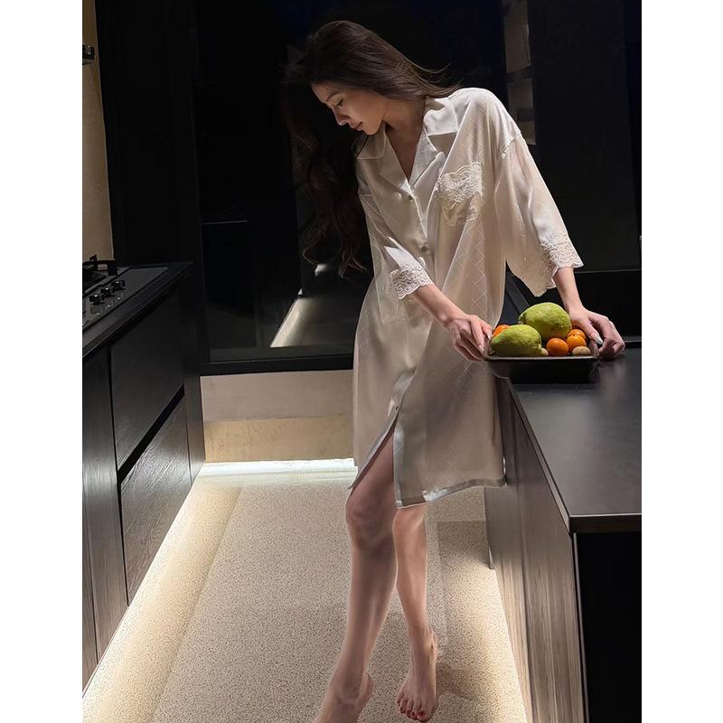 Sexy boyfriend long ice silk pajamas thin pure desire loose shirt nightgown can be worn outside summer high sense