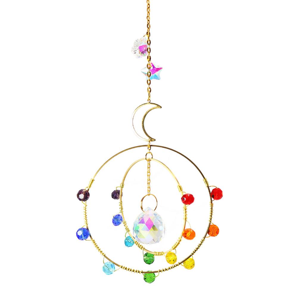 Crystal Sun Moon Wind Chime Sunlight Catcher Colorful Beads Round Border Indoor Bedroom Baby Room Ornament Decor