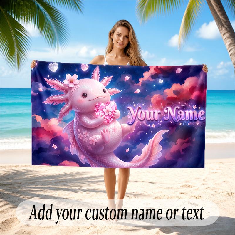 Axolotl Theme Quick Dry Beach Towel Custom Name Text Print Large Sand Resistant Towel Beach Vacation