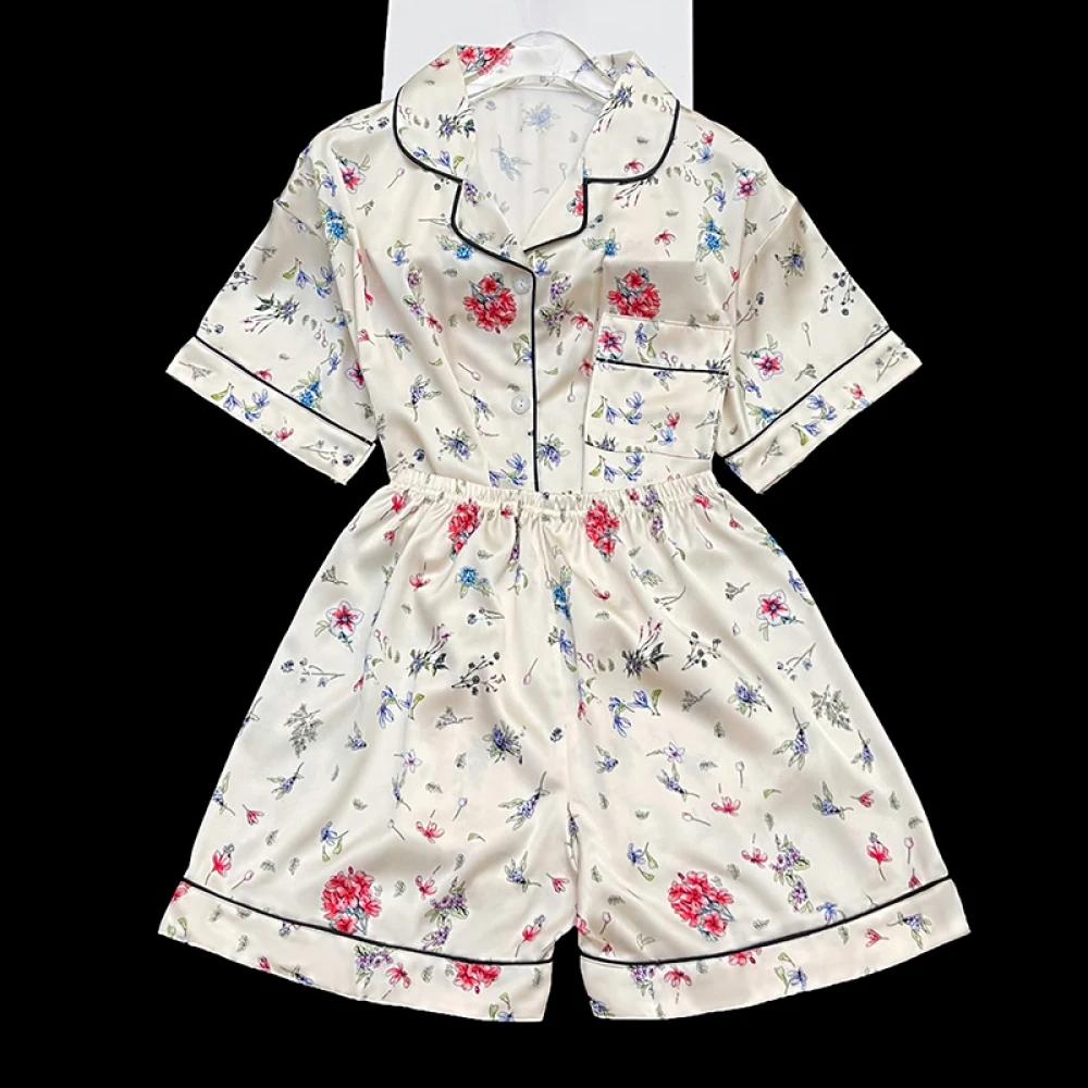 Plants Flowers Fresh Print Women's Sleepwear Summer New Female Two Piece Pajama Sets Classy Short Sleeve Shorts Homewear
