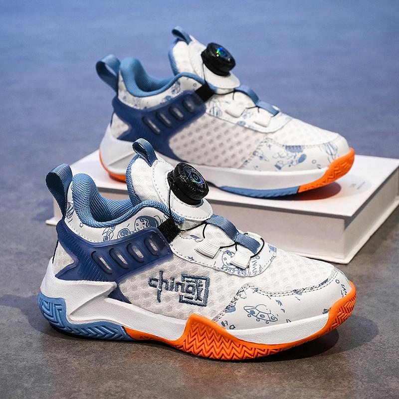 Новые детские баскетбольные кроссовки с вращающимися кнопками для мальчиков, молодежные нескользящие амортизированные спортивные туфли, повседневная обувь для мальчиков