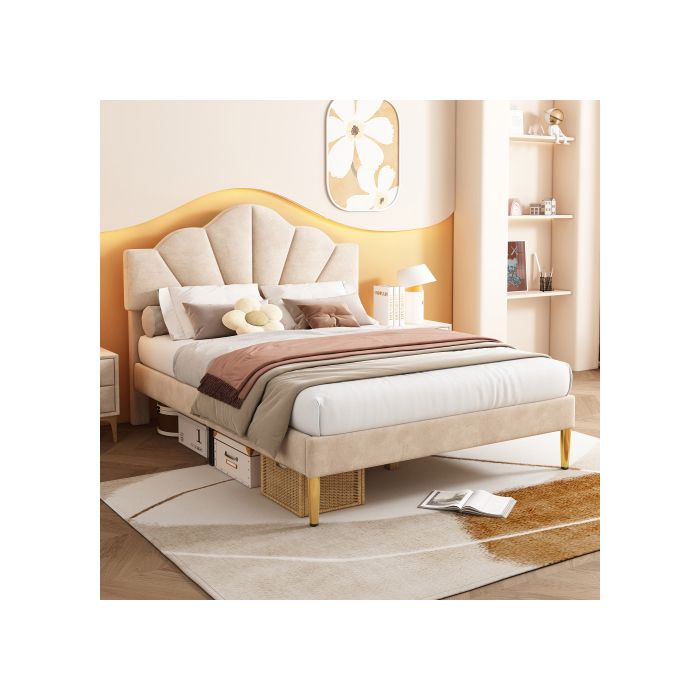 Lit rembourré - MUVOE - 140x200 cm - Velours beige - Tête de lit réglable - Sommier à lattes en bois