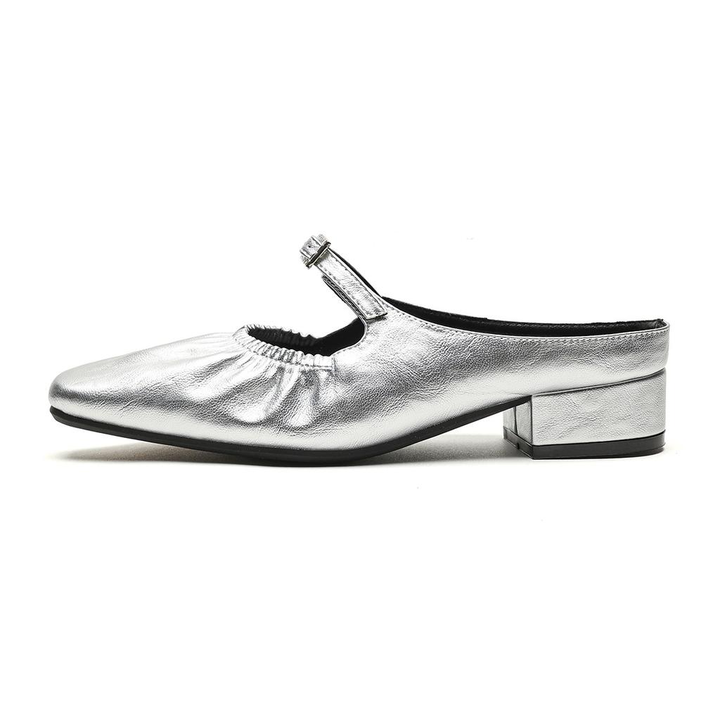Square Head Half Slippers Women's Summer Outer Wear One Word with Folds Silver Bag Head Single Shoes Women