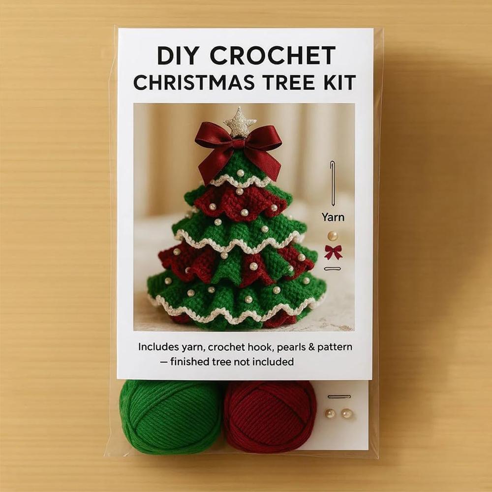 Diy Crochet Christmas Tree Kit With Yarn Hook Beads Instructions, Red And Green