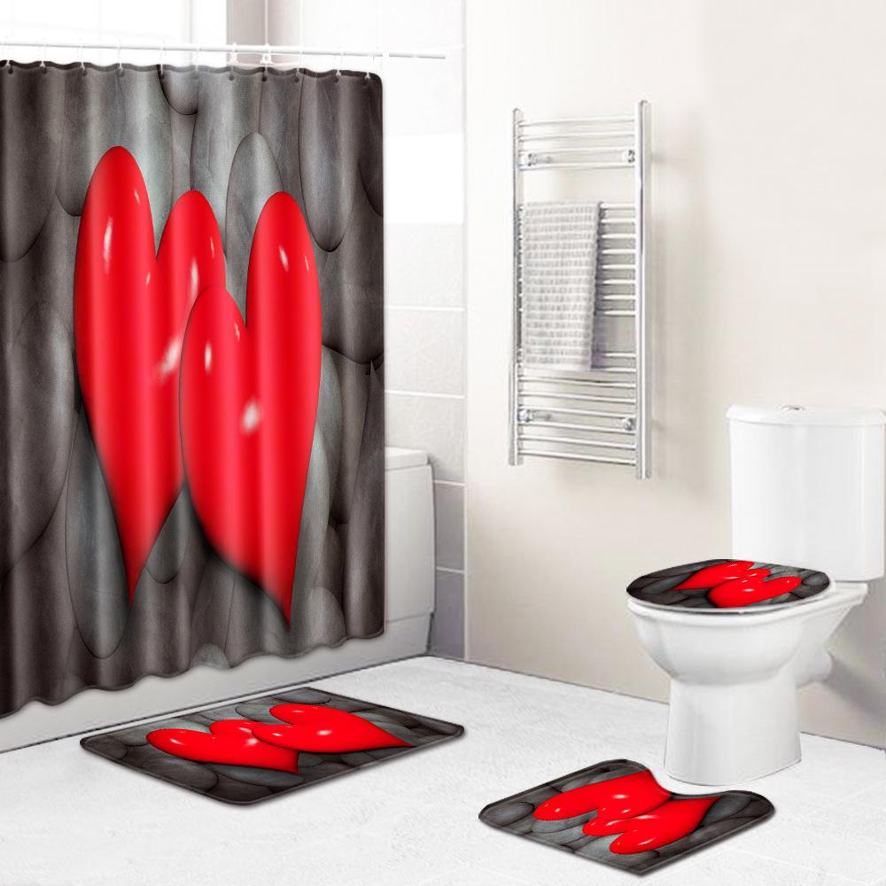Love Valentine'S Day Shower Curtain Floor Mat Four-Piece Set Bathroom Non-Slip Door Mat Bedroom Carpet