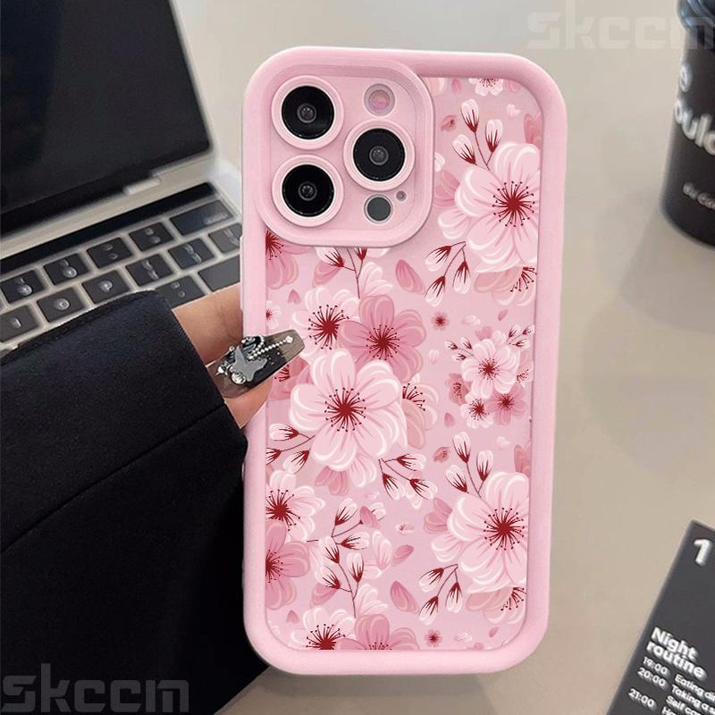 Pink Peach Flower Phone Case For iPhone 16 16E 15 14 13 12 11 Pro Max X XR XS Max 7 8 Plus Anti-Drop Silicone Soft Cover