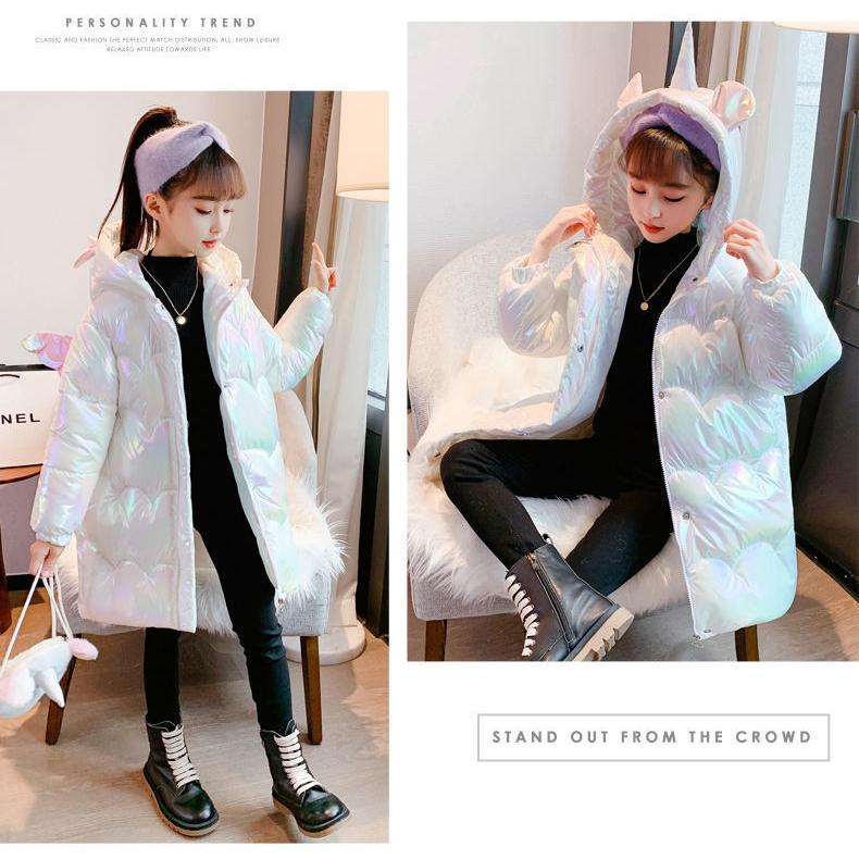 Глянцевый длинный пуховик для девочек, модная куртка с хлопковой подкладкой в ​​корейском стиле с крыльями
