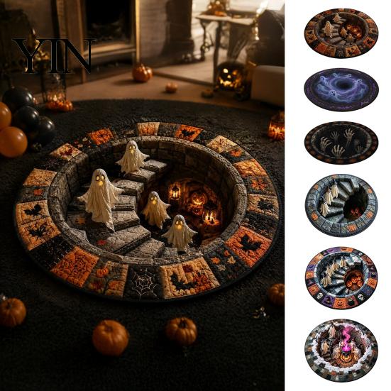 Soft Crystal Velvet Rug 3D Illusion Halloween Rug, Quilted Look Round Area Creepy Deep Pit Holiday Gift for Friends Design, Non-Slip Floor Mat Living