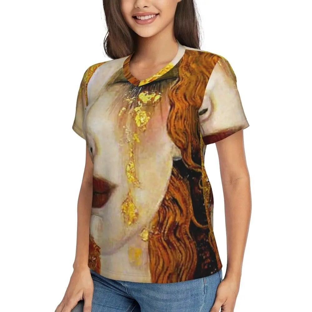 Gustav Klimt T Shirt The Kiss Hip Hop T-Shirts Women V Neck Basic Tops 2024 Beach Short Sleeve Pattern Clothes