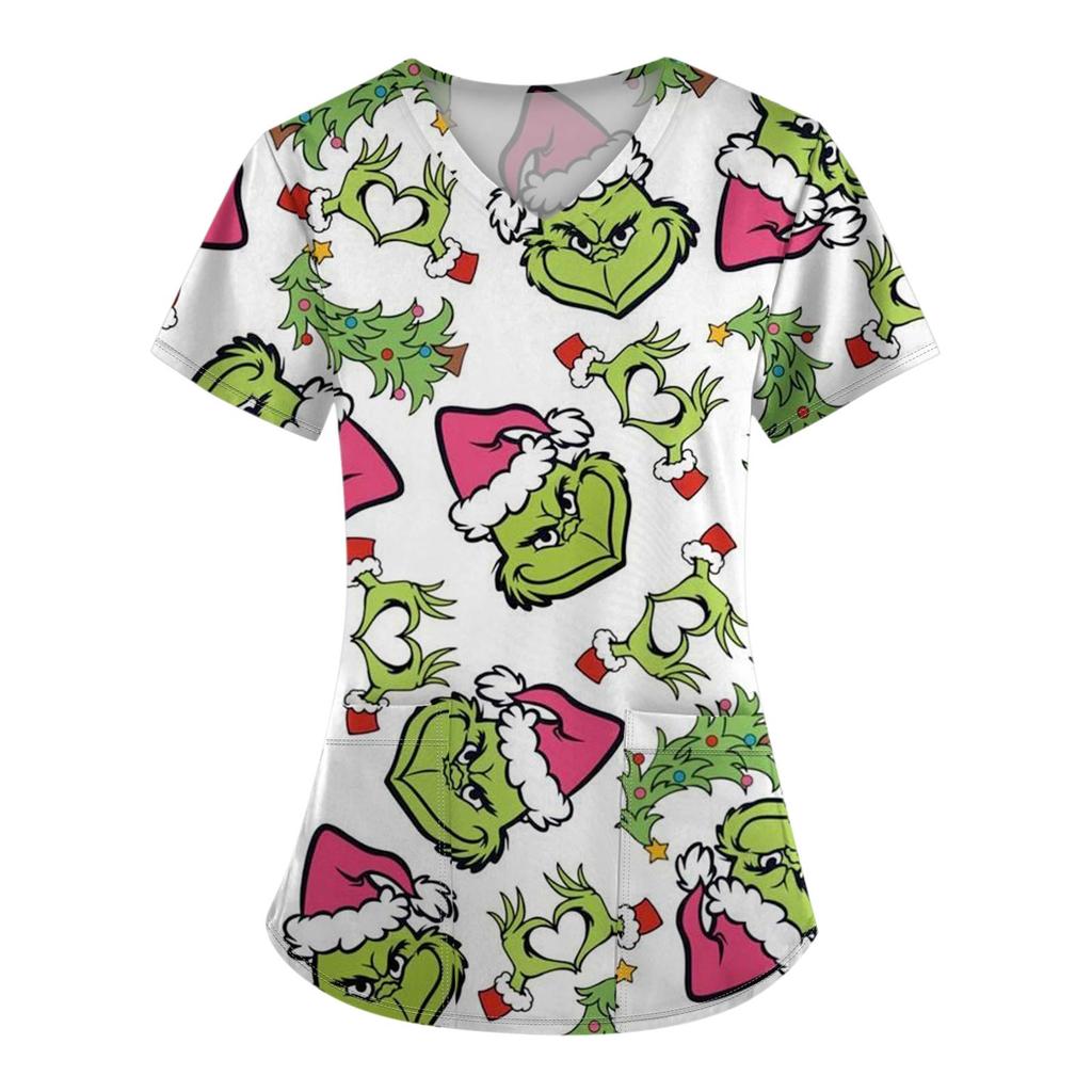 Женские модные топы с короткими рукавами и V-образным вырезом с принтом, рабочие футболки с карманами