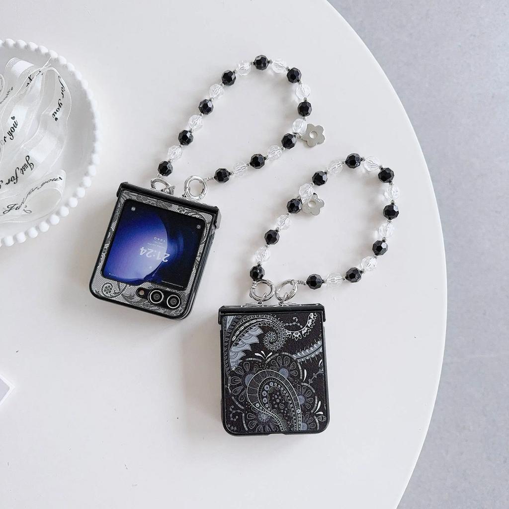 Wrist Strap PU Leather Bead Phone Case for Samsung Galaxy Z Flip 6 5 4 3 5G Hinge Protection Shockproof Cover