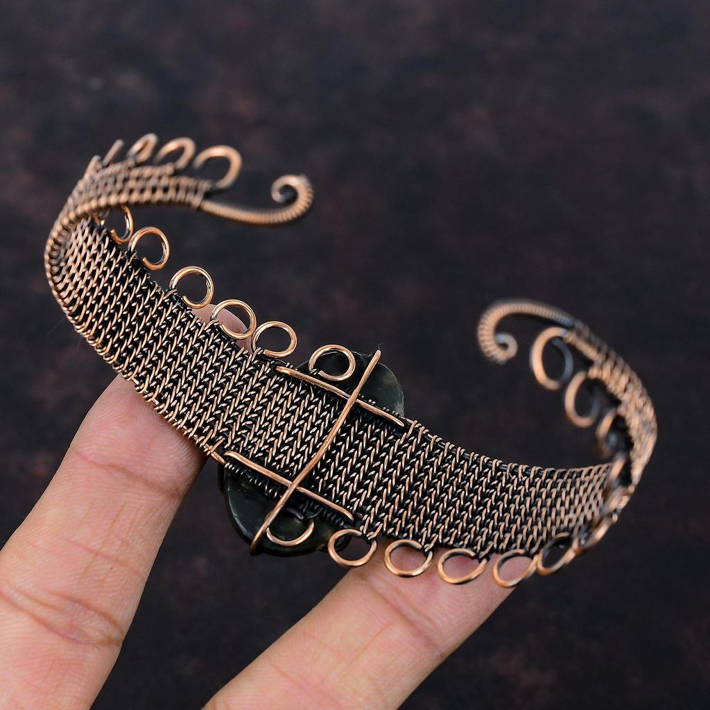 Браслет-манжета из океанической яшмы, браслет-манжета, обмотанный медной проволокой, регулируемый браслет-манжета, браслет из натурального драгоценного камня ручной работы, медные украшения, подарок для него