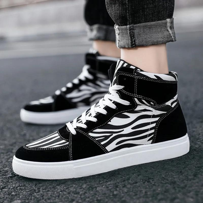 Fashion Men's Shoes Fashion Spring/Autumn New Leopard Print Canvas Shoe Zebra Pattern High Top Casual Shoes Men Sneakers Espadrilles