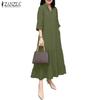 Women Loose Casual V-Neck Solid Color 3/4 Sleeve Long Dress