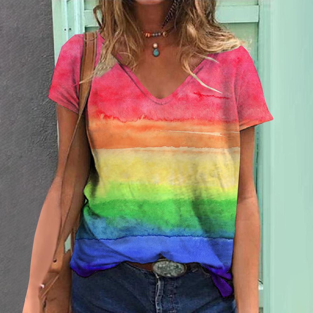 2024 Women T Shirt Summer Rainbow Print T-Shirt Plus Size Women's Clothing Oversized Designer Short Sleeve Shirt Women V-neck
