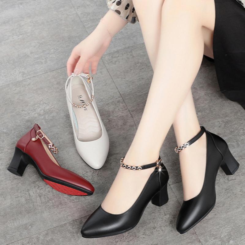 Острый носок Мягкая кожа Удобная длительная стоянка без утомления Женские туфли на среднем каблуке с одной пряжкой Ремешок Легкая универсальная обувь