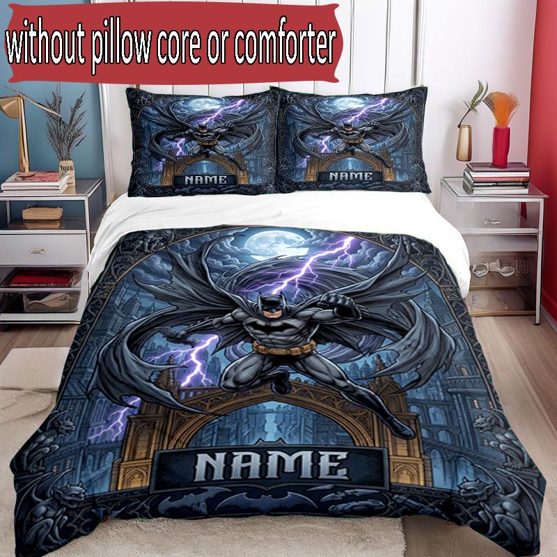 3pcs Duvet Cover Set (1*Duvet Cover + 2*Pillowcase, Without Core), Custom Name Batman Pattern Bedding Set, Home Bedroom Decor Gift