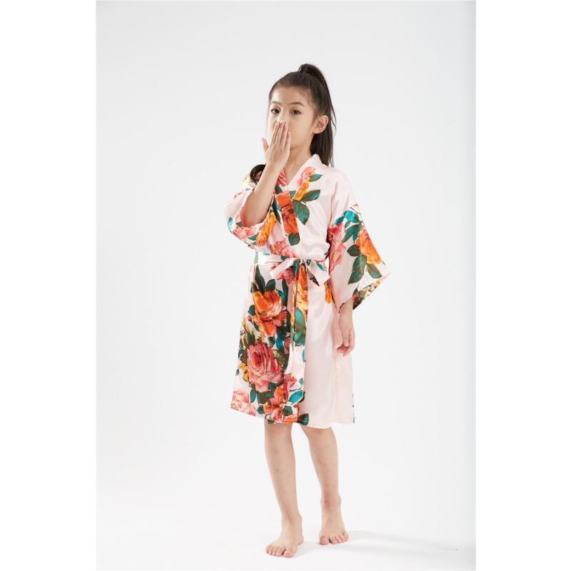 Children's Bathrobe Comfortable and Elegant Temperament Simulation Silk Sleeping Robe Sateen Children's Hand-painted Peony Baby Walking Robe