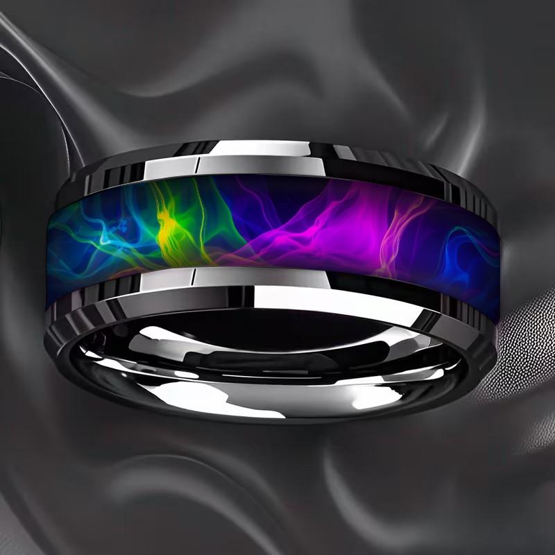 Fashion Men Stainless Steel Rings, 8mm Cyberpunk Rainbow Aurora Grain Inlay Rings for Men High Polished Wedding Bands Jewelry