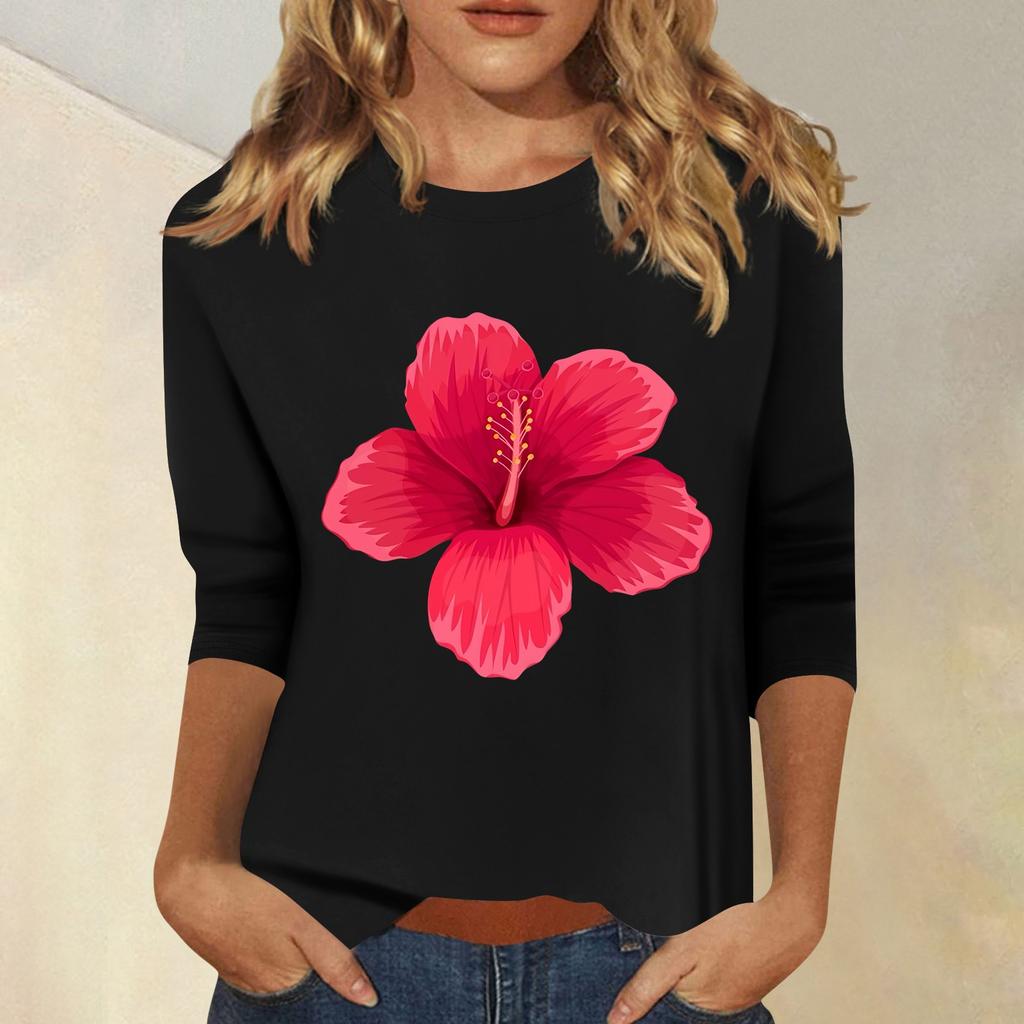 Women's Fashion Casual Printed Seven Sleeve Round Neck Top