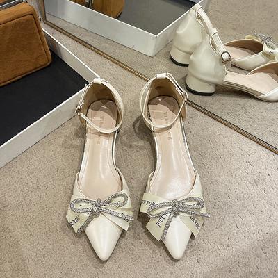 Босоножки Баотоу женские лето 2025 новые острый носок толстый каблук стразы бант фея ветер французский высокий каблук туфли-лодочки