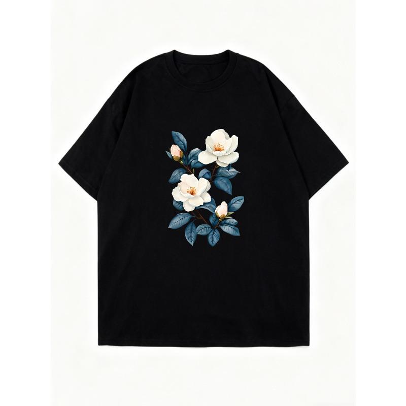 Платье-футболка оверсайз с принтом цветка магнолии черного цвета для повседневной носки