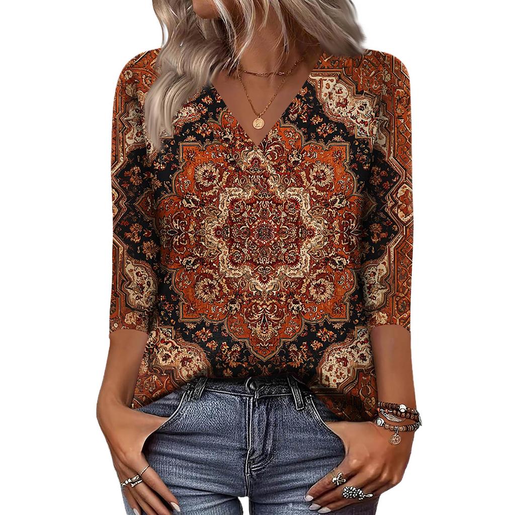 Women's 3/4 Sleeve Shirts V Neck Print Tops Casual Tops Basic Tees Blouse Loose Tops