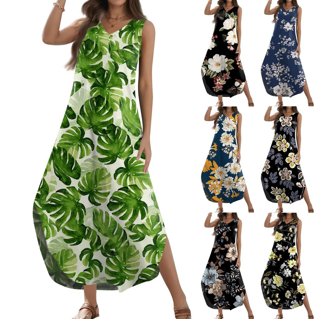 Женский 2024 летний повседневный свободный сарафан длинное платье с цветочным принтом без рукавов с v-образным вырезом и разрезом футболка платья макси