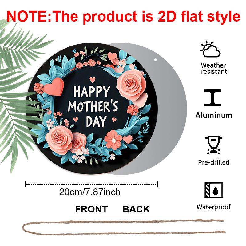 2D Flat, 1pc Vintage Mother's Day Round Aluminum Wall Sign - Pink Roses & Turquoise Floral Wreath with Happy Mother's Day Text, Heart Cutouts