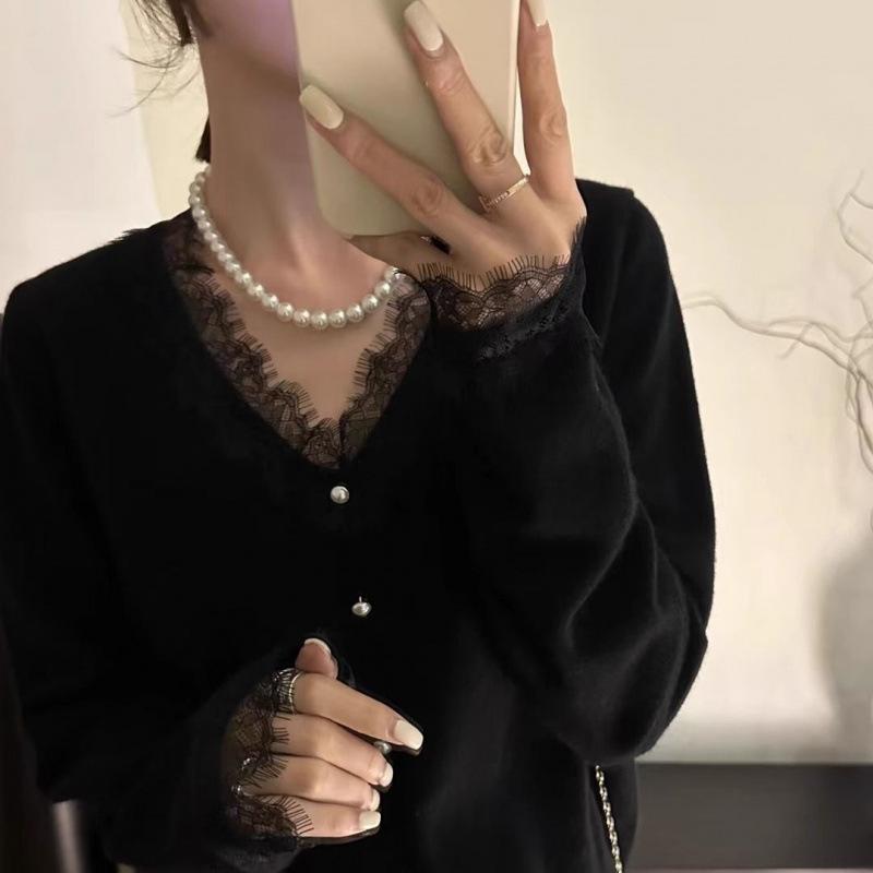 Women's V-Neck French Lace Sweater - Spring/Autumn Fashion, Loose-Fit, Long-Sleeve Top