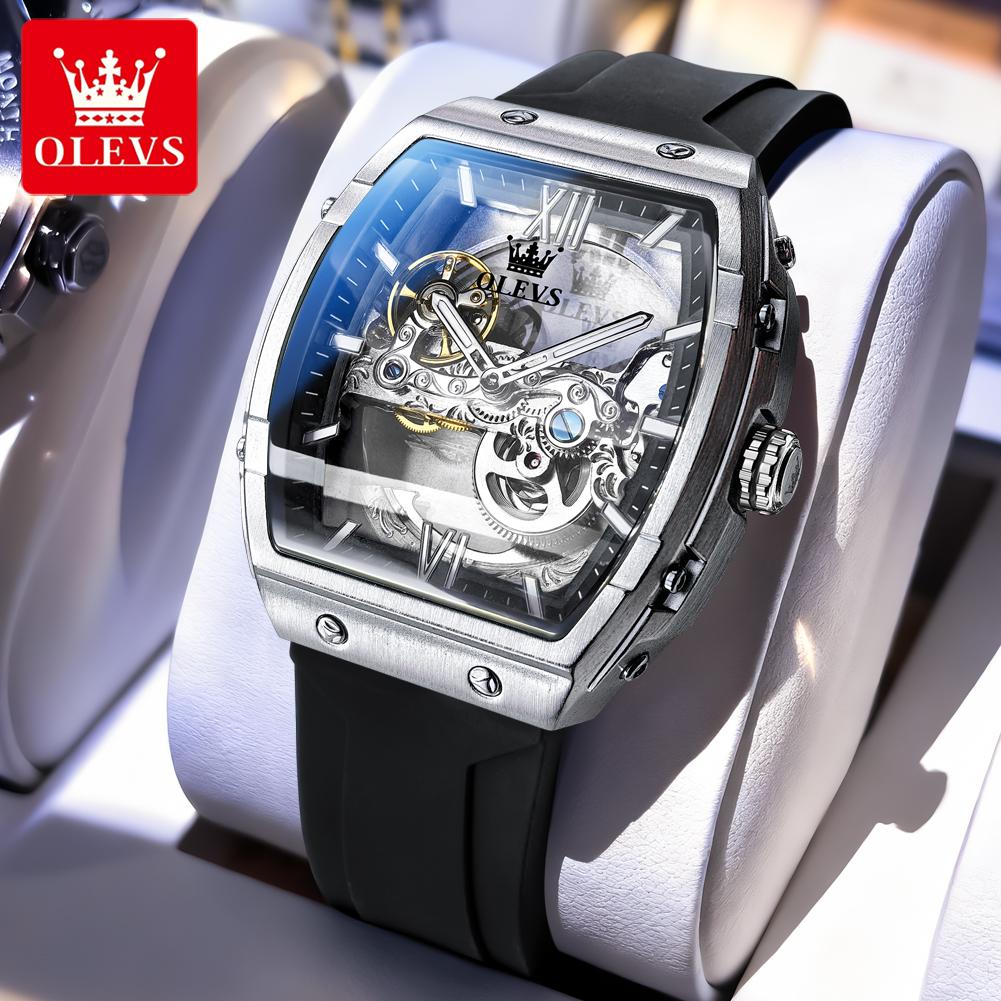 OLEVS 6779 Man Watch Skeleton Luxury Tonneau Mechanical Watches For Men Waterproof Silicone Strap Automatic Hand Clock Gifts Box