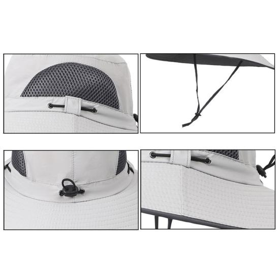 Men Outdoor Hat with Detachable Solar Fan Large Brim Windproof Strap USB Charging Anti-UV Sunlight Protection Hollow Mesh Great Breathability