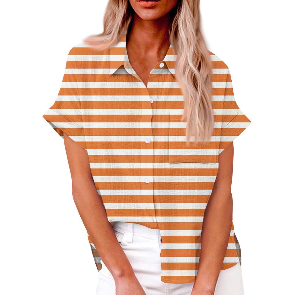 Женская свободная повседневная рубашка с короткими рукавами и отворотом с цифровым принтом и карманом