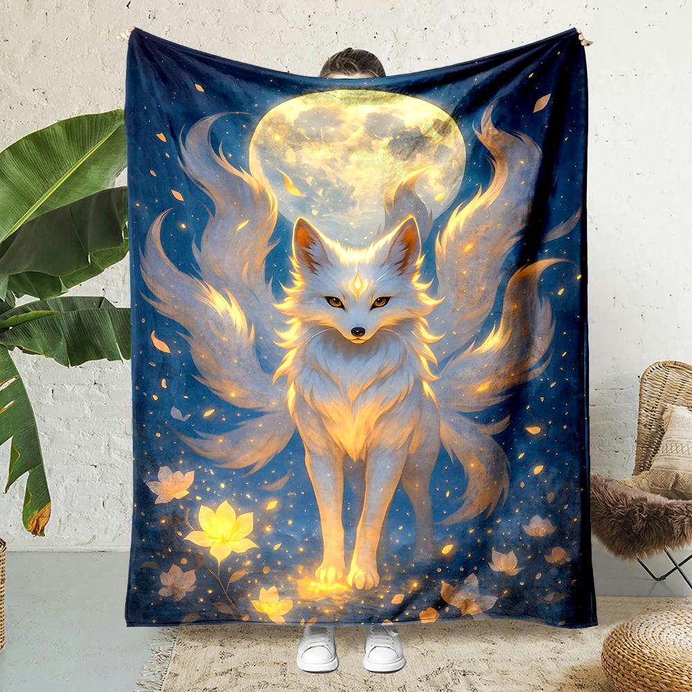 Moon nine tailed fox glowing petals night Print Blanket Warm Soft Fluffy s Adult Sofa Bed Throw Outdoor Travel Camping RV