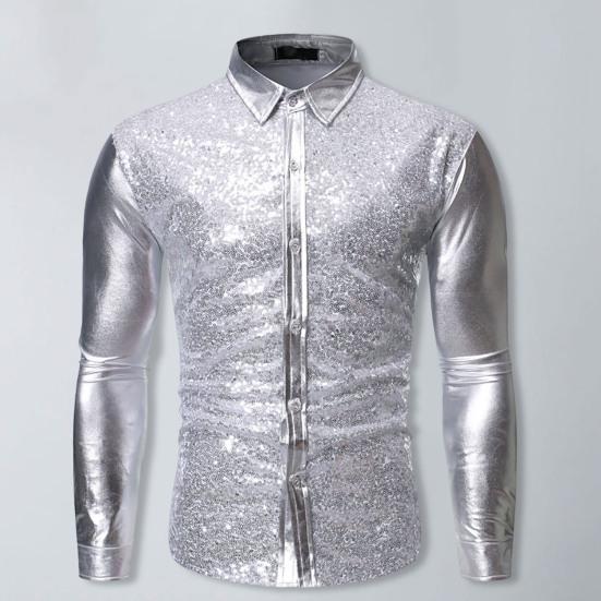 Однобортная облегающая сценическая рубашка с длинными рукавами и лацканами, Мужская рубашка с блестящими пайетками, рубашка для сценического шоу, уличная одежда