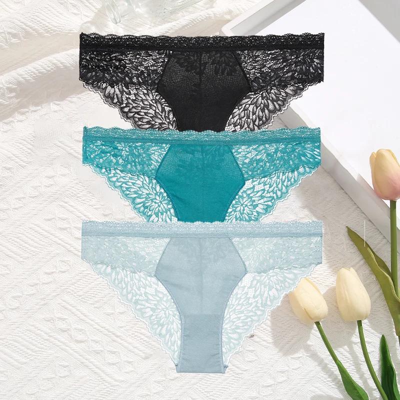 3Pcs/Set Women Sexy Lace Panties Transprant Hollow Out Low Waist Briefs Female Solid Soft Breathable Comfort Underwear Lingerie