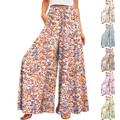 Женские летние широкие брюки с высокой талией и струящимися карманами, модные повседневные повседневные пляжные брюки в богемном стиле с принтом