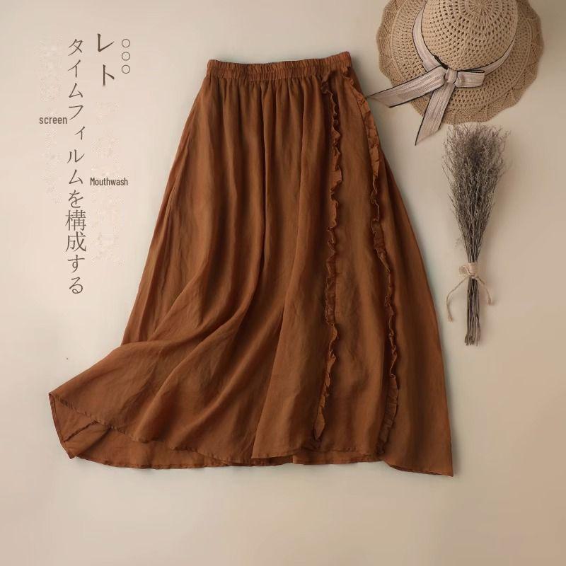 Trendy Cotton-Linen High-Waisted A-Line Skirt: Mid-Length with Ruffled Edges for a Slimming, Drapey Fit.