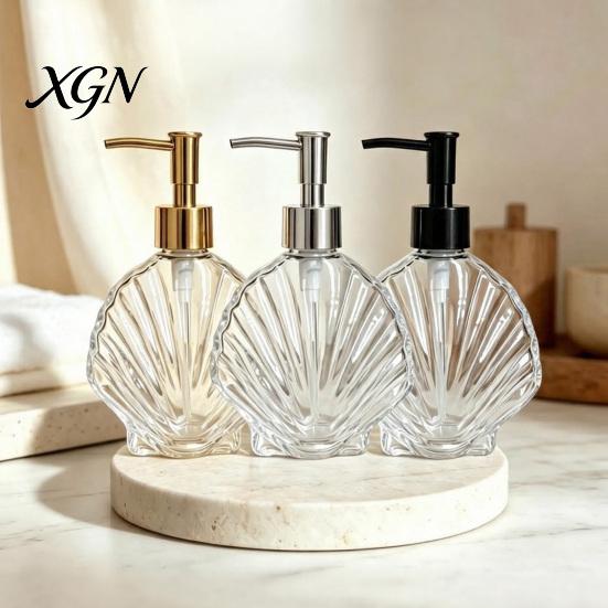Lotion Glass Container 400ML Beach Seashell Refillable Soap Dispenser, Liquid Hand Bottle Container, Pump for Bathroom Kitchen Countertop Dispenser