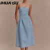 Sexy Women's Summer Strapless Solid Color Sleeveless Denim Halter Dress