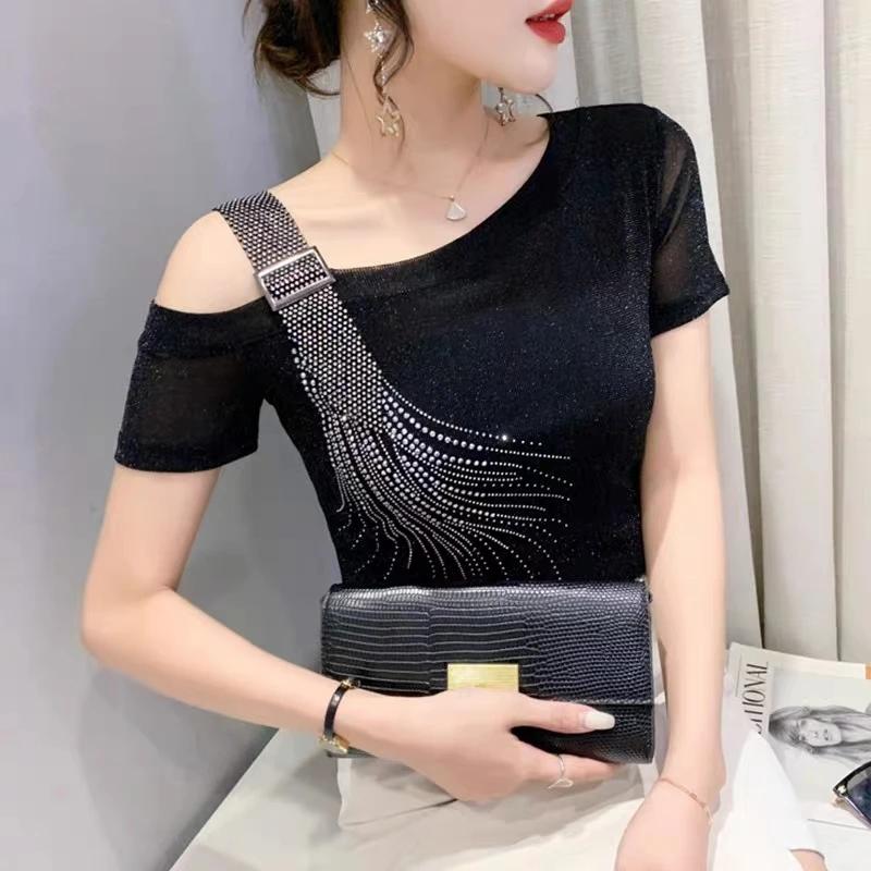 Летняя мода Европейская женская одежда Футболка Сексуальная с открытыми плечами Блестящие бриллианты Сетка Женские топы На все случаи жизни Футболки Блузка
