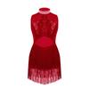 Kids Girls Dance Leotard Sleeveless Mesh Patchwork Sequins Tassel Hem Bodysuit for Latin Jazz Dance