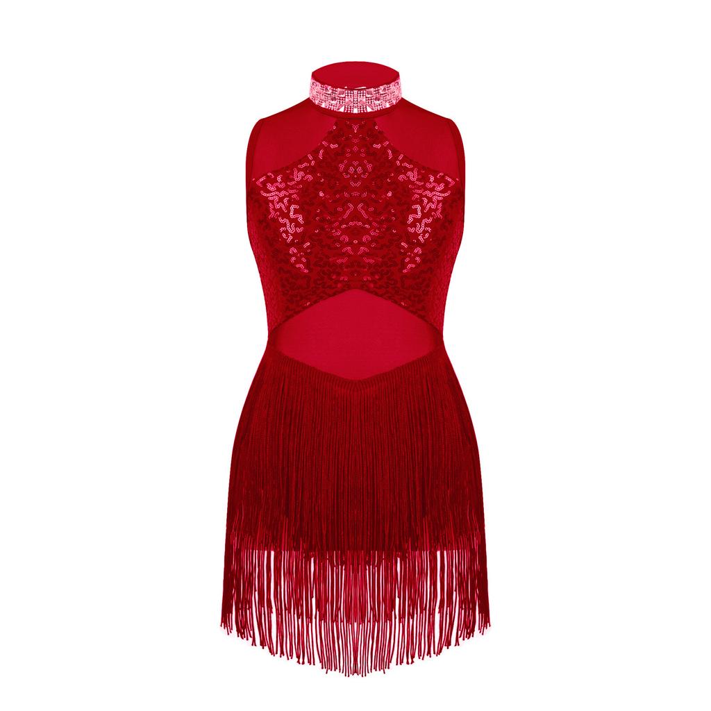 Kids Girls Dance Leotard Sleeveless Mesh Patchwork Sequins Tassel Hem Bodysuit for Latin Jazz Dance