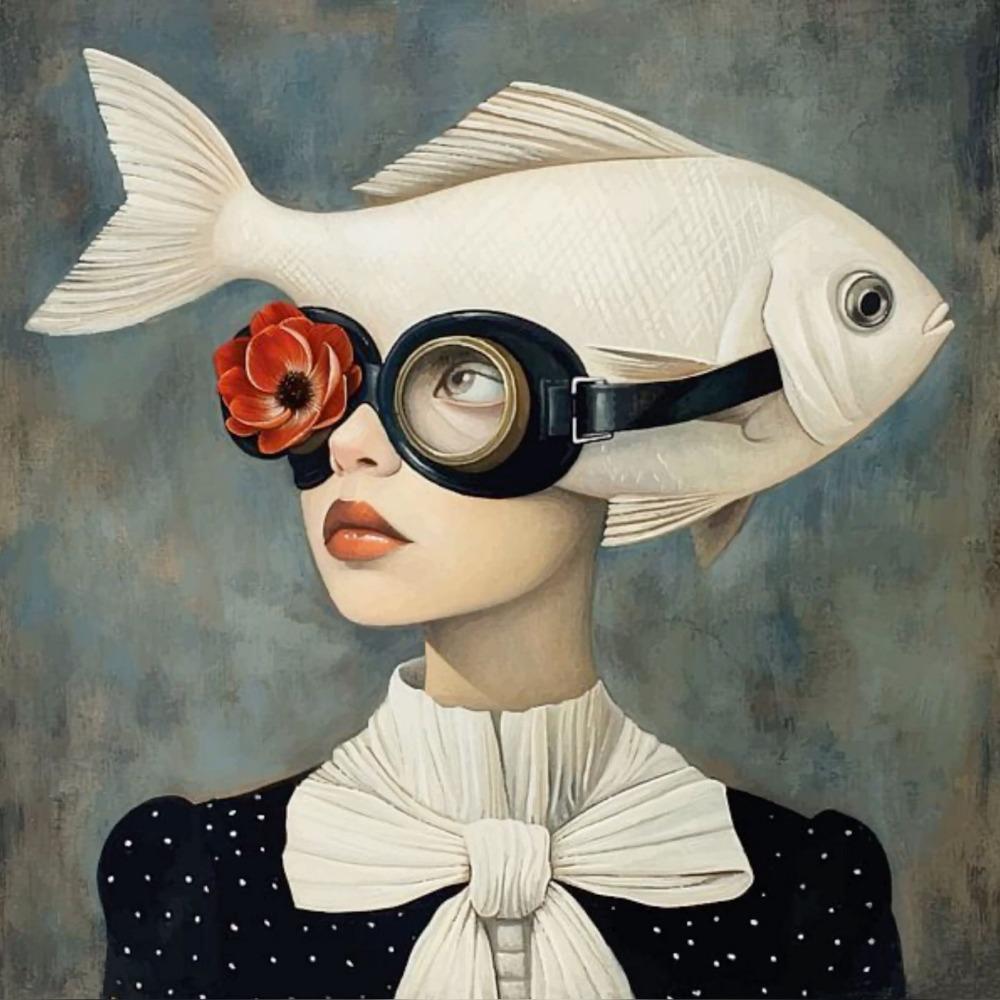 Surrealist Female Portrait Oil On Canvas Wall Art Fantastic Fantasy Fish and Girl Poster Printed Living Room Home Decor