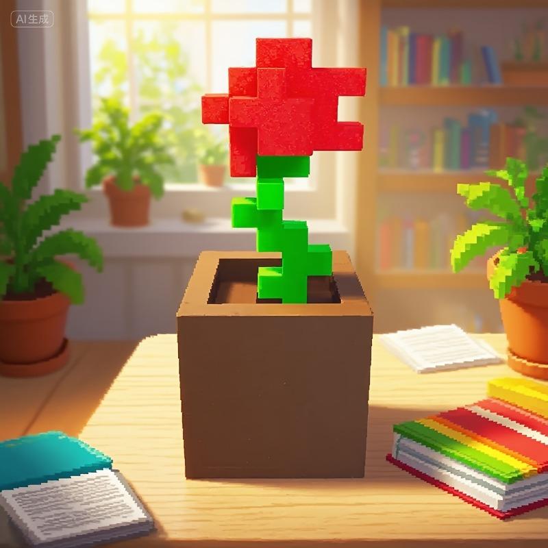 3D Printed Pixel Rose Ornament, Plastic Flower Decor for Desktop & Holiday Gifts