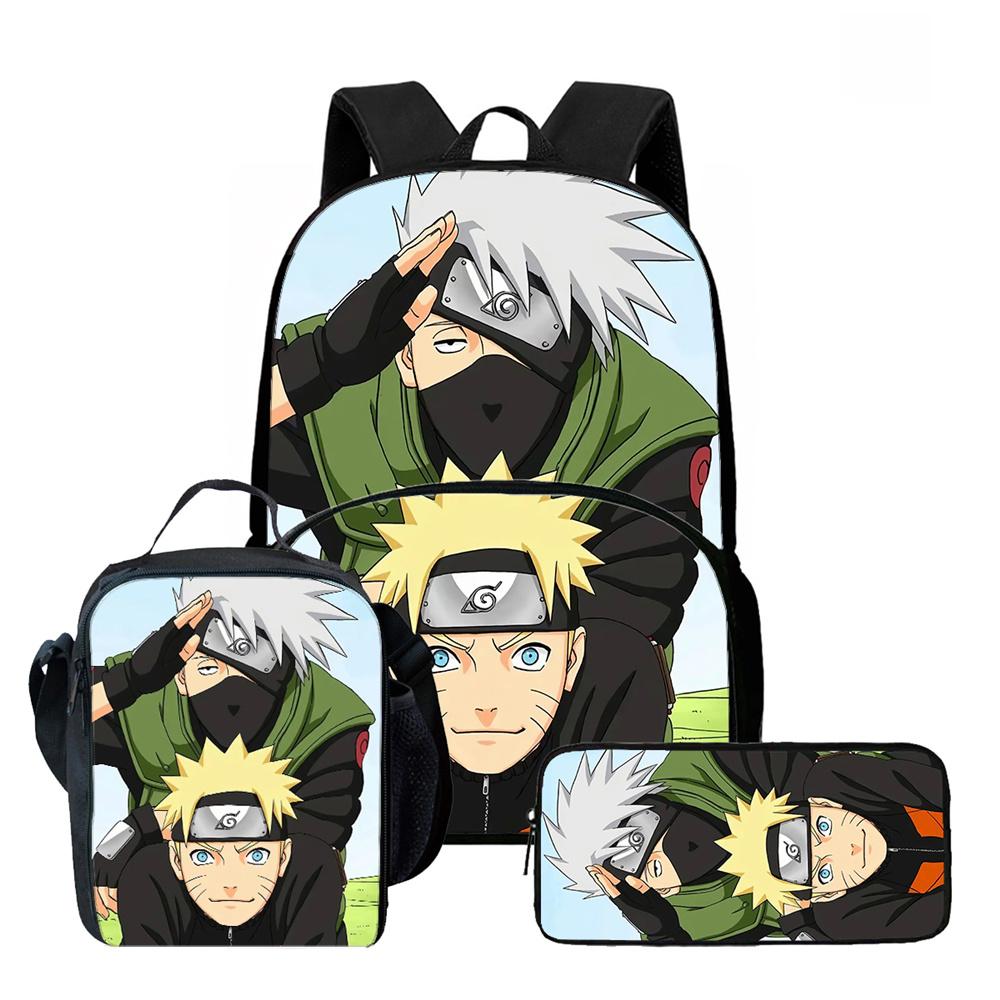 Набор из 3 предметов: Школьный рюкзак NARUTO с передним карманом, сумка для обеда и пенал. Легкий, для мальчиков и девочек 6-10 лет