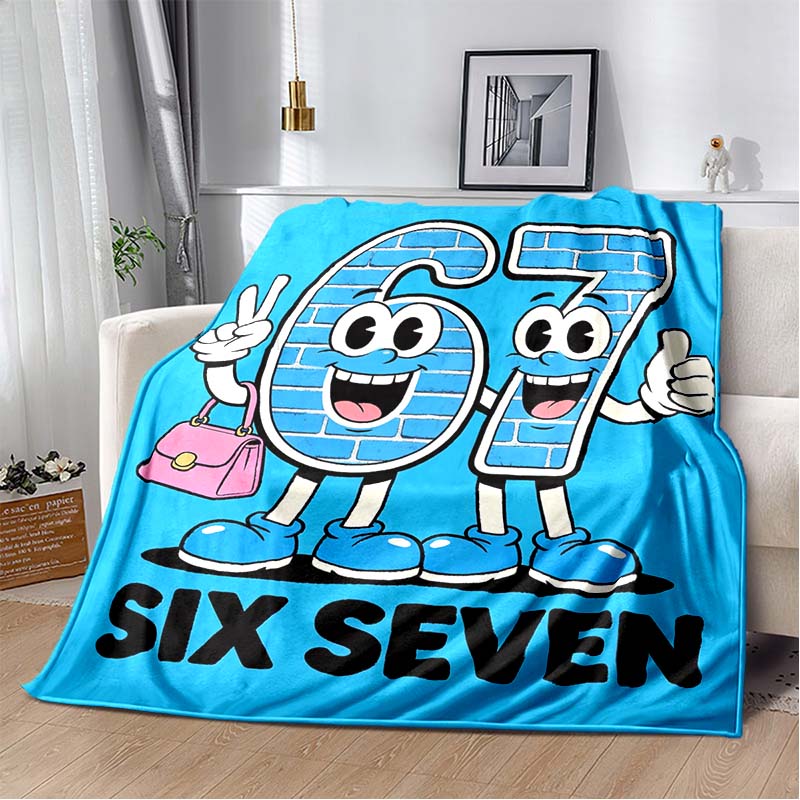 Cartoon Number 6 And 7 Character Six Seven Lightning Star Blue Background Flannel Blanket Cute Graphic Throw Blanket Sofa Bedroom Home Decor Blanket