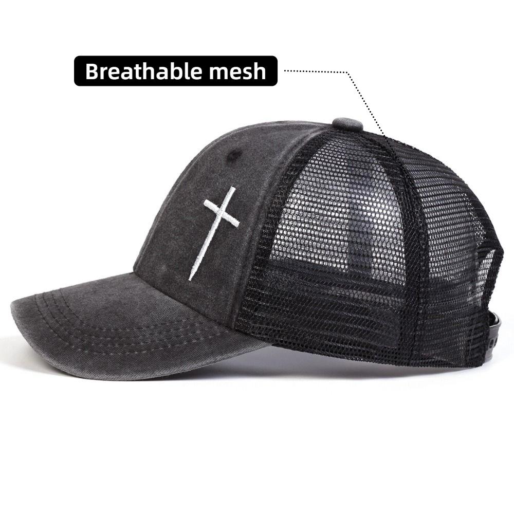 Breathable Cross Embroidery Hat with Mesh Peaked Cap Fashion Hip Hop Baseball Cap Outdoor